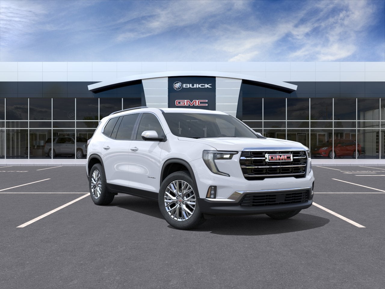 2026 GMC Acadia Elevation in Glacier White Tricoat — front three-quarter view