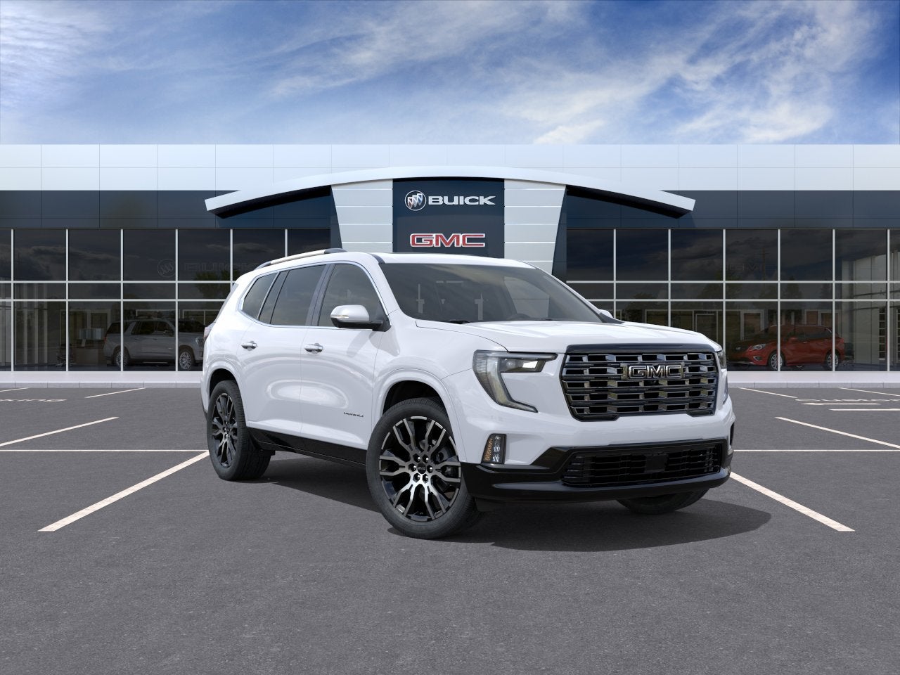 2026 GMC Acadia Denali Ultimate in Glacier White Tricoat — front three-quarter view