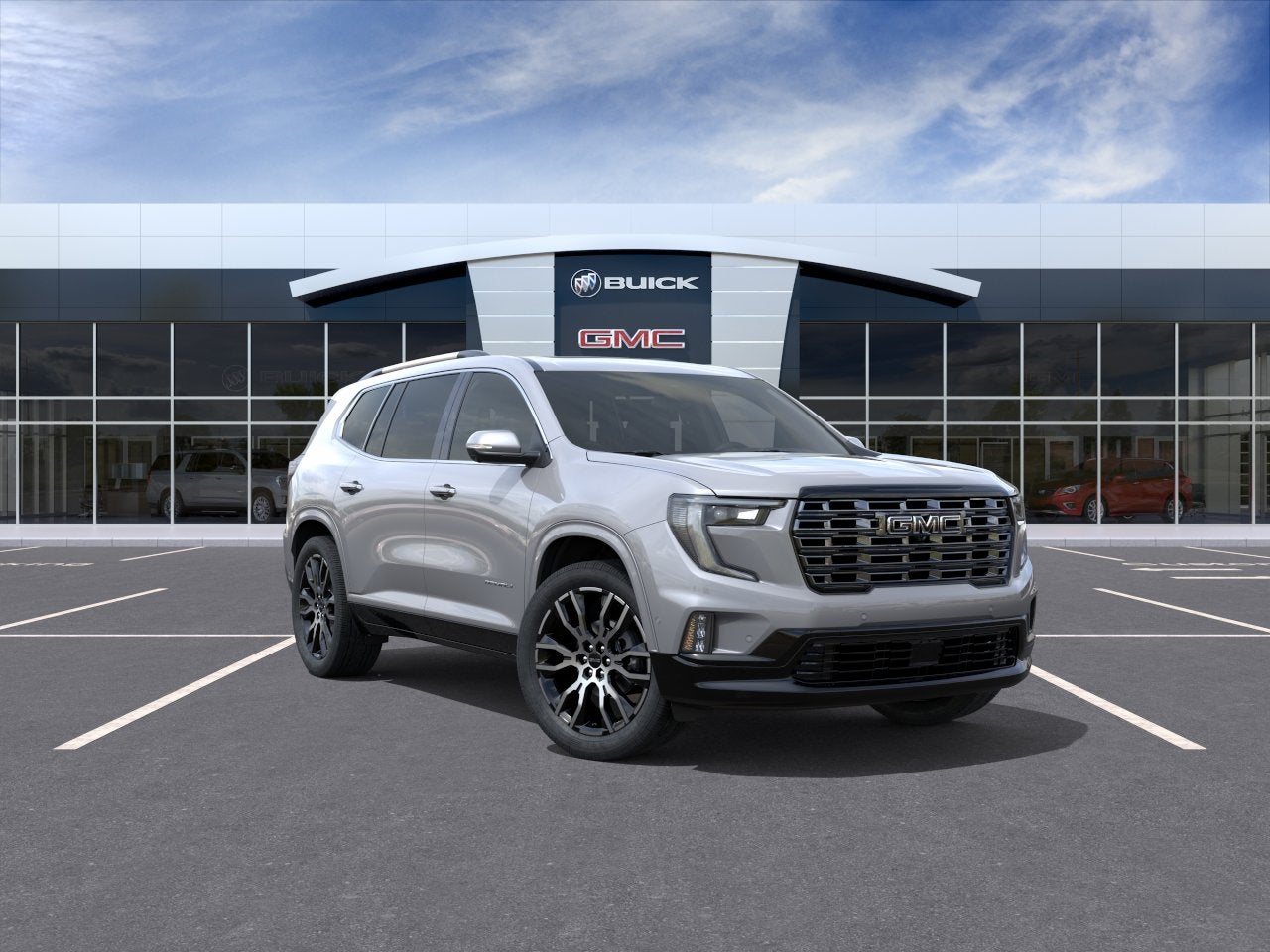2026 GMC Acadia Denali Ultimate in Sterling Metallic — front three-quarter view